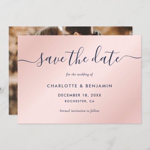 Photo Wedding Elegant Script Navy Blue and Blush Announcement