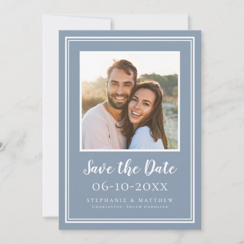 Photo Wedding Engagement Couple Modern Dusty Blue Save The Date