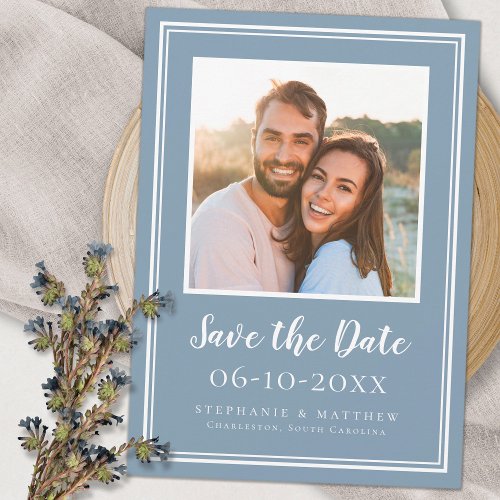 Photo Wedding Engagement Couple Modern Dusty Blue Save The Date