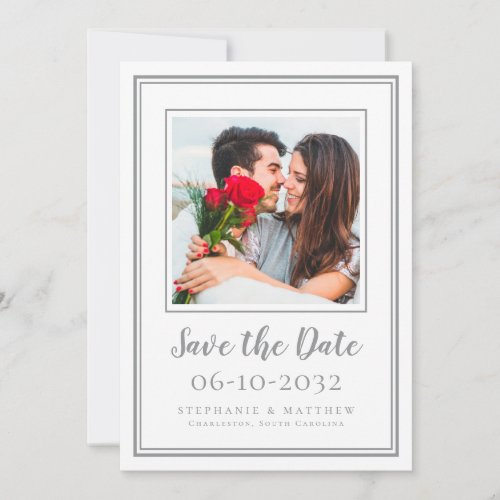Photo Wedding Engagement Couple Modern Gray White Save The Date