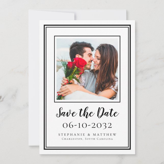 Photo Wedding Engagement Couple Modern White Black Save The Date (Front)
