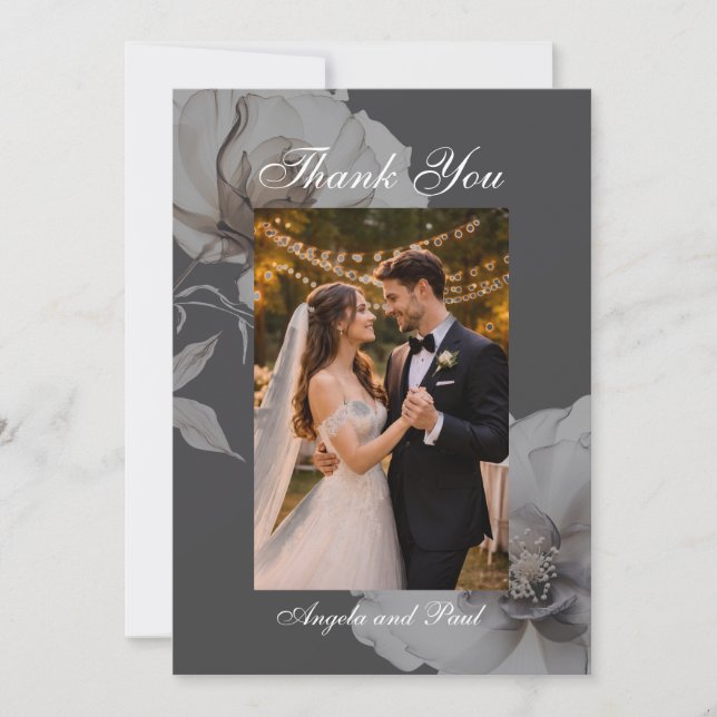 Photo Wedding Flat Thank You Card Dark Grey Roses (Front)