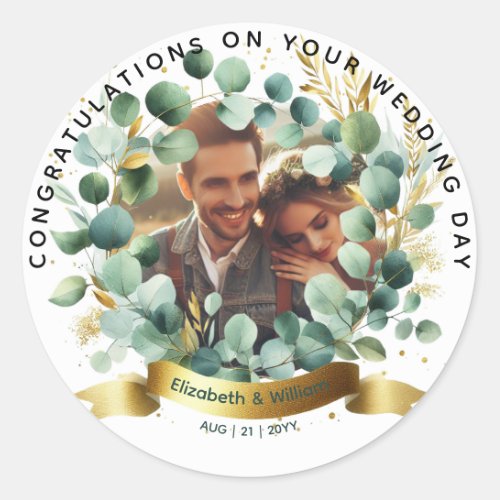 PHOTO Wedding Gift Newlyweds Anniversary Leaves Classic Round Sticker
