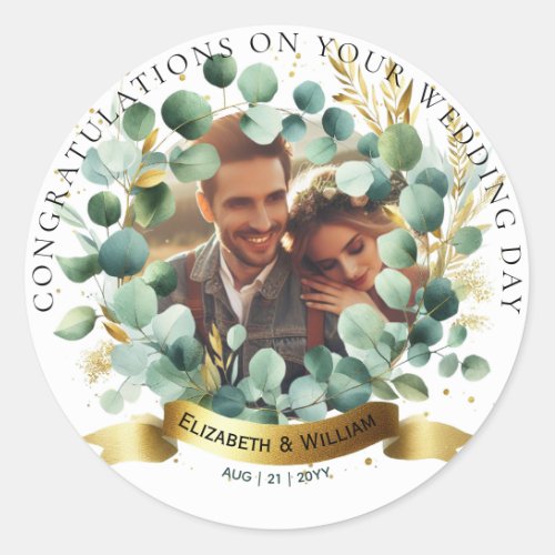 PHOTO Wedding Gift Newlyweds Anniversary Leaves Classic Round Sticker