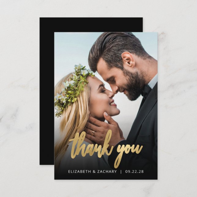 Photo Wedding Gold Script Black Thank You (Front/Back)