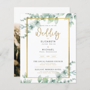 Photo Wedding Invitation Botanical Greenery Gold