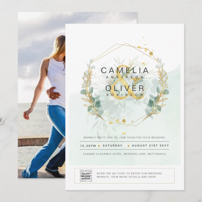 Photo Wedding Invitation Botanical Greenery Gold (Front/Back)