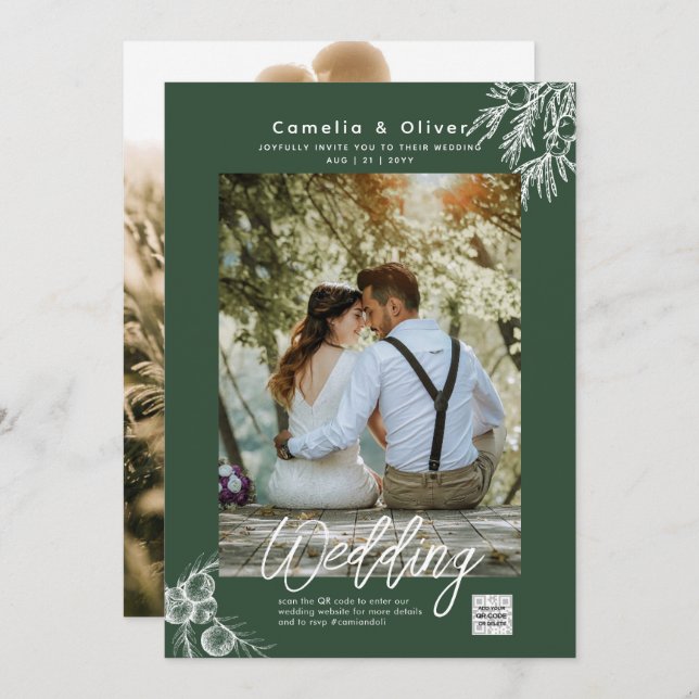 Photo Wedding Invitation JUNIPER GREEN Modern   (Front/Back)