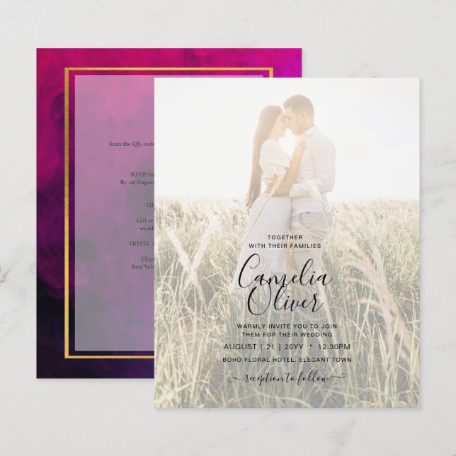 PHOTO WEDDING INVITATION Magenta Purple Gold INK (Front/Back)