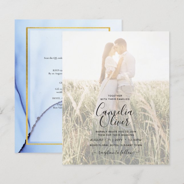 PHOTO WEDDING INVITATION Navy Blue Gold INK LeahG (Front/Back)