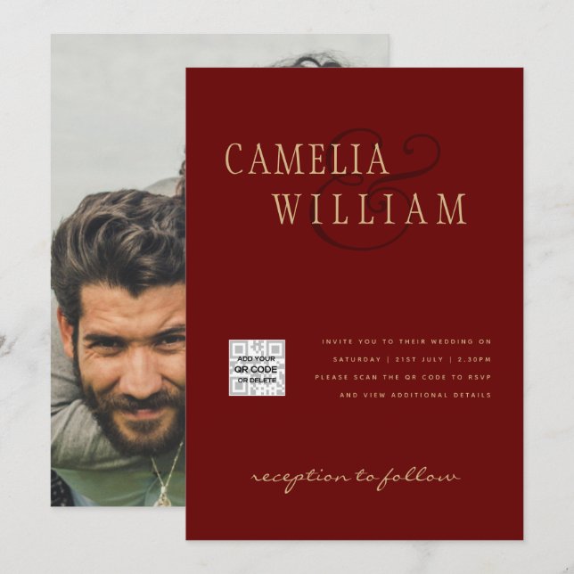 Photo Wedding Invitation QRCode RSVP Burgundy Red (Front/Back)