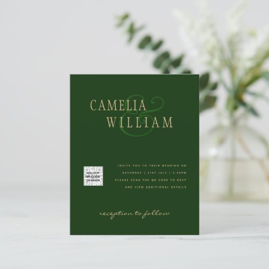 Photo Wedding Invitation QRCode RSVP Emerald Green (Standing Front)