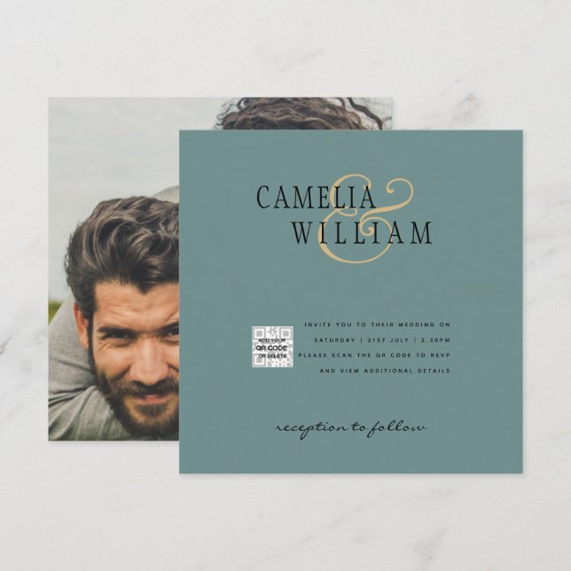 Photo Wedding Invitation QRCode RSVP Sage Green (Front/Back)