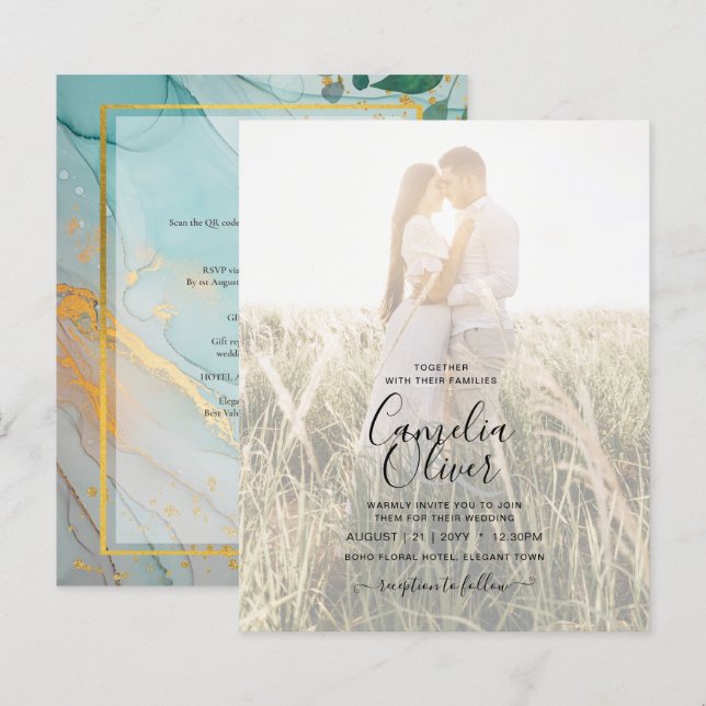 PHOTO WEDDING INVITATION Teal Gold INK LeahG (Front/Back)