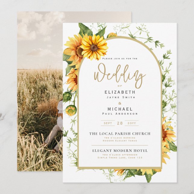 Photo Wedding Invitation with Sunflowers (Front/Back)