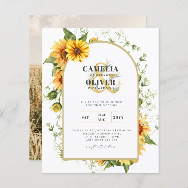Photo Wedding Invitation with Sunflowers (Front/Back)