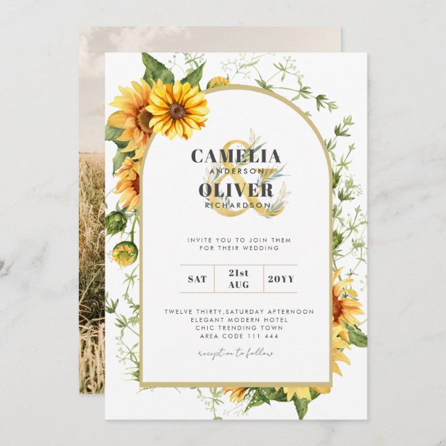 Photo Wedding Invitation with Sunflowers (Front/Back)