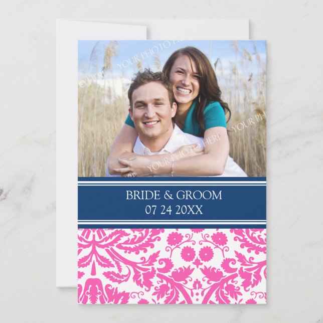 Photo Wedding Invitations Blue Pink Damask (Front)