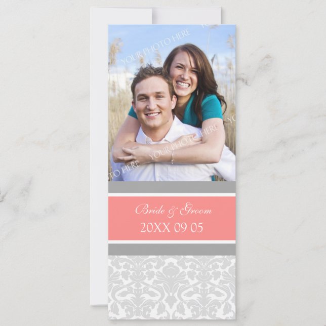 Photo Wedding Invitations Coral Gray Damask (Front)