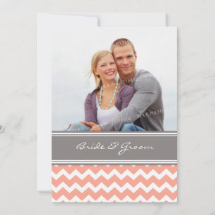 Photo Wedding Invitations Grey Coral Chevron