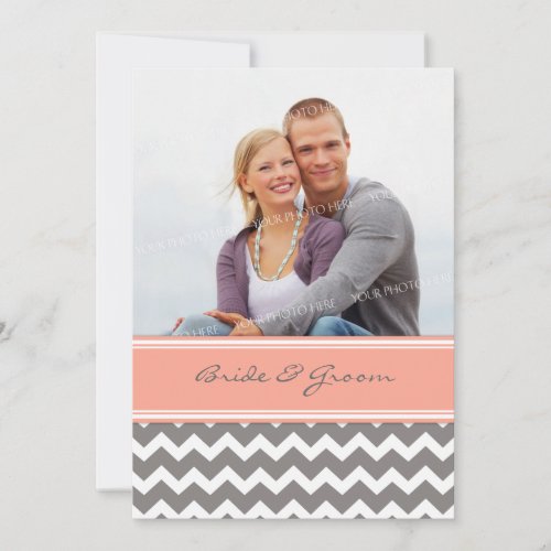 Photo Wedding Invitations Grey Coral Chevron