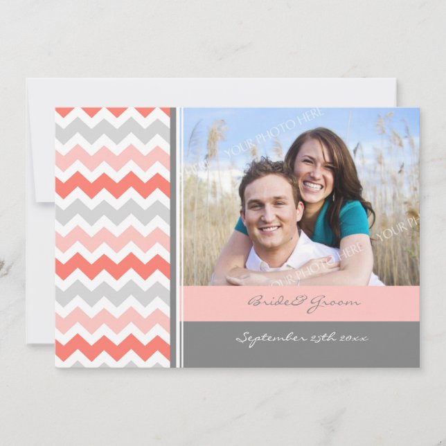 Photo Wedding Invitations Grey Coral Chevron (Front)