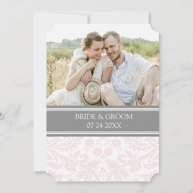 Photo Wedding Invitations Grey Pink Damask (Front)