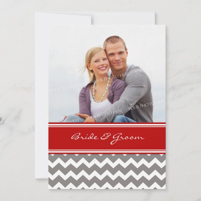 Photo Wedding Invitations Grey Red Chevron (Front)