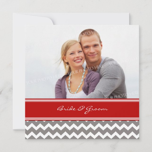 Photo Wedding Invitations Red Grey Chevron (Front)