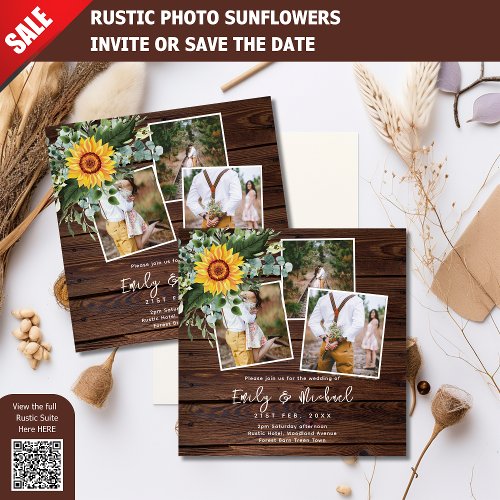 PHOTO WEDDING INVITATIONS RUSTIC SUNFLOWERS SQUARE