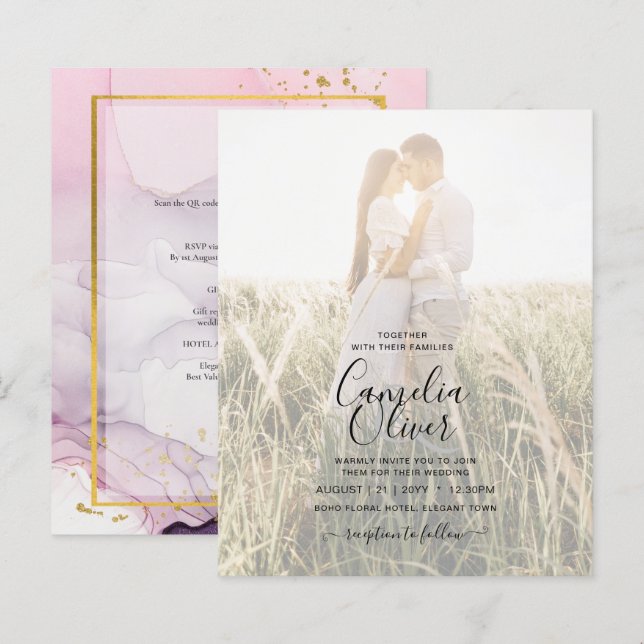 PHOTO WEDDING INVITE Pink Purple Lavender Gold INK (Front/Back)