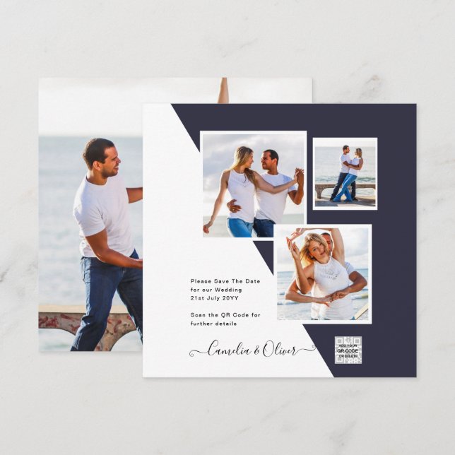 PHOTO Wedding Invite QR Code Save Date BLUE (Front/Back)