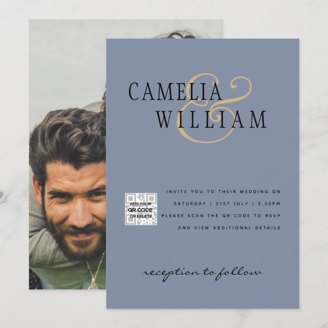 PHOTO Wedding Invite QR Code Save Date BLUE (Front/Back)
