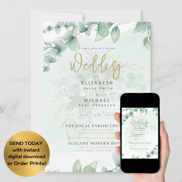 Photo Wedding Invites Greenery Gold Eulcalyptus