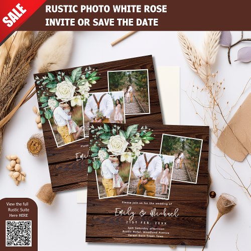 PHOTO WEDDING INVITES RUSTIC WHITE ROSES SQUARE