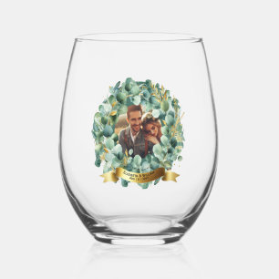PHOTO Wedding Newlyweds Eucalyptus Leaves Gift   Stemless Wine Glass