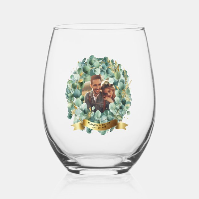 PHOTO Wedding Newlyweds Eucalyptus Leaves Gift   Stemless Wine Glass (Front)