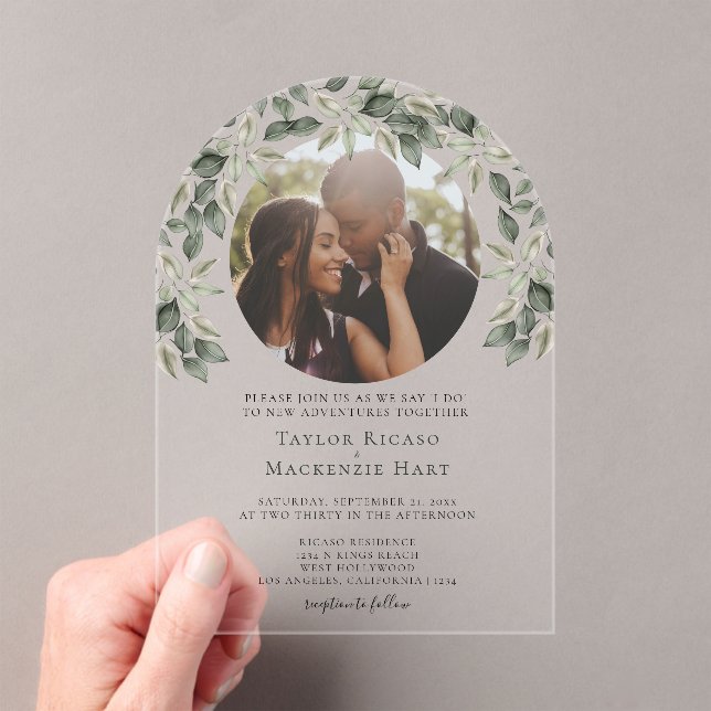 Photo Wedding Personalized Modern Leaf Frame Acrylic Invitations (Insitu (Handheld))