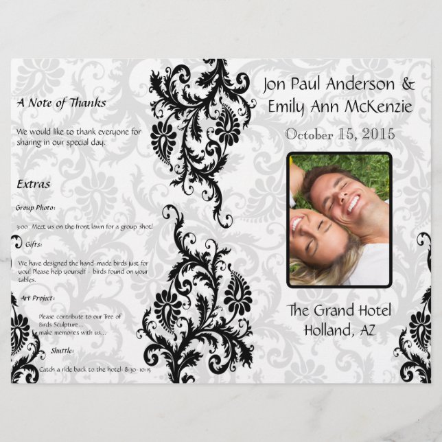 Photo Wedding Program Black Damask (Front)