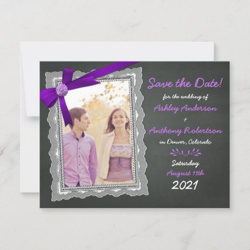 Photo Wedding Save the Date Chalkboard Purple Bow Invitation