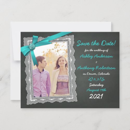 Photo Wedding Save the Date Chalkboard Teal Bow Invitation