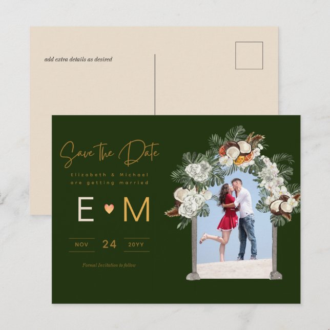 Photo Wedding Save the Date Emerald Green Floral  Postcard (Front/Back)