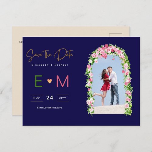 Photo Wedding Save the Date Navy Pink Floral Postcard