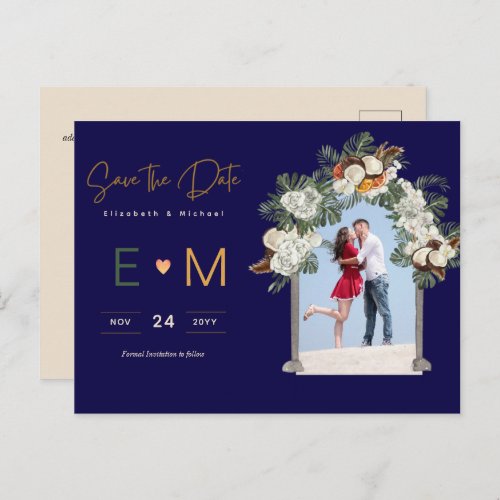 Photo Wedding Save the Date Navy Terracotta Floral Postcard