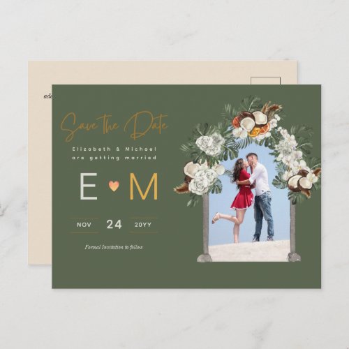 Photo Wedding Save the Date Olive Green Floral Postcard