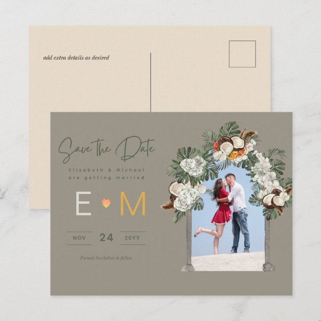 Photo Wedding Save the Date Olive Green Sage Flora Postcard (Front/Back)