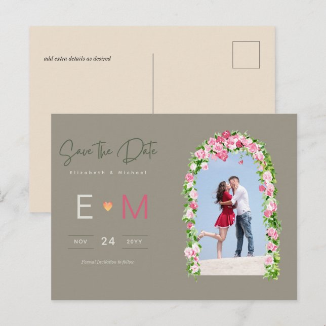 Photo Wedding Save the Date Pink Floral Postcard (Front/Back)