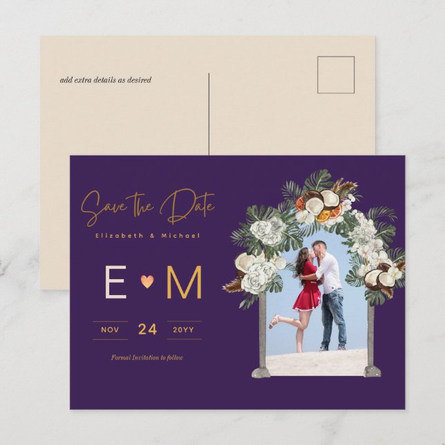 Photo Wedding Save the Date Purple Floral Postcard (Front/Back)