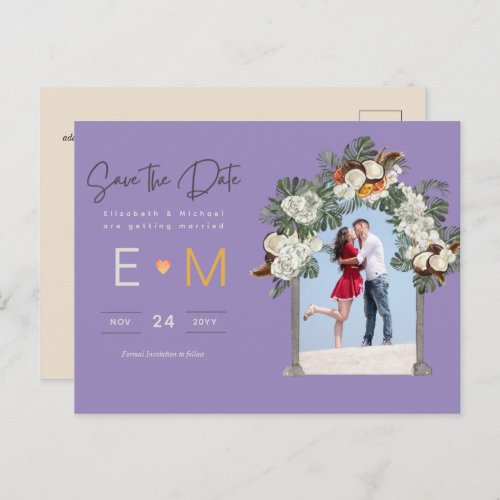 Photo Wedding Save the Date Purple Gold Floral Postcard
