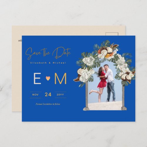 Photo Wedding Save the Date Royal Blue Floral Postcard